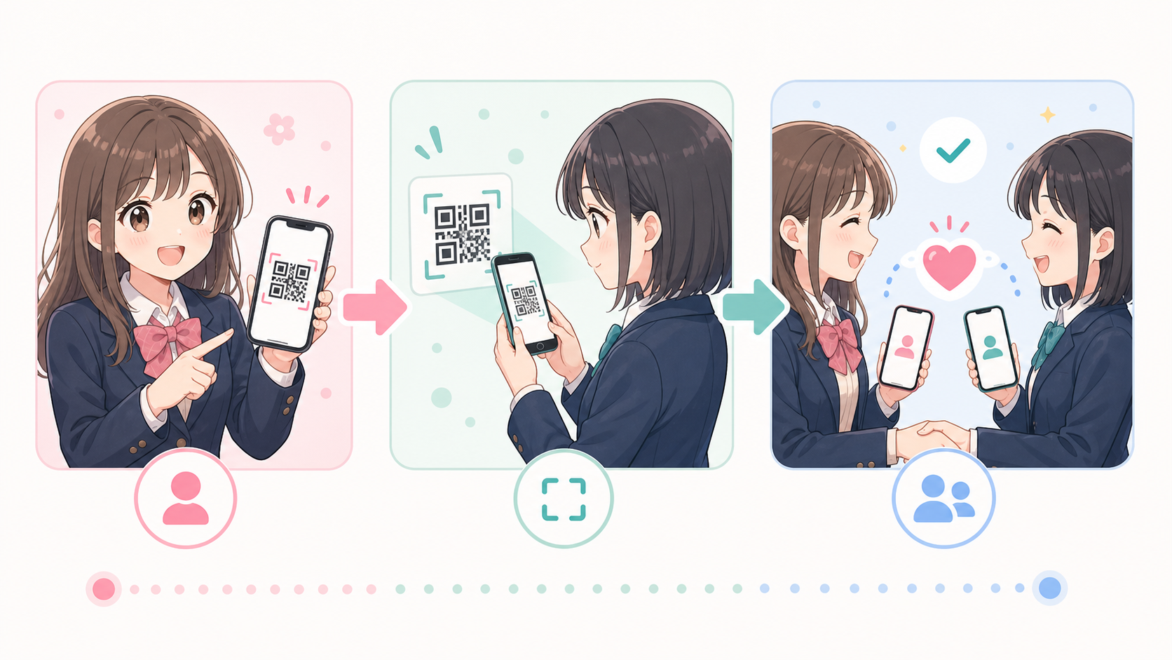 QRコードを表示する人、読み取る人、登録完了の3段階を示す説明イラスト