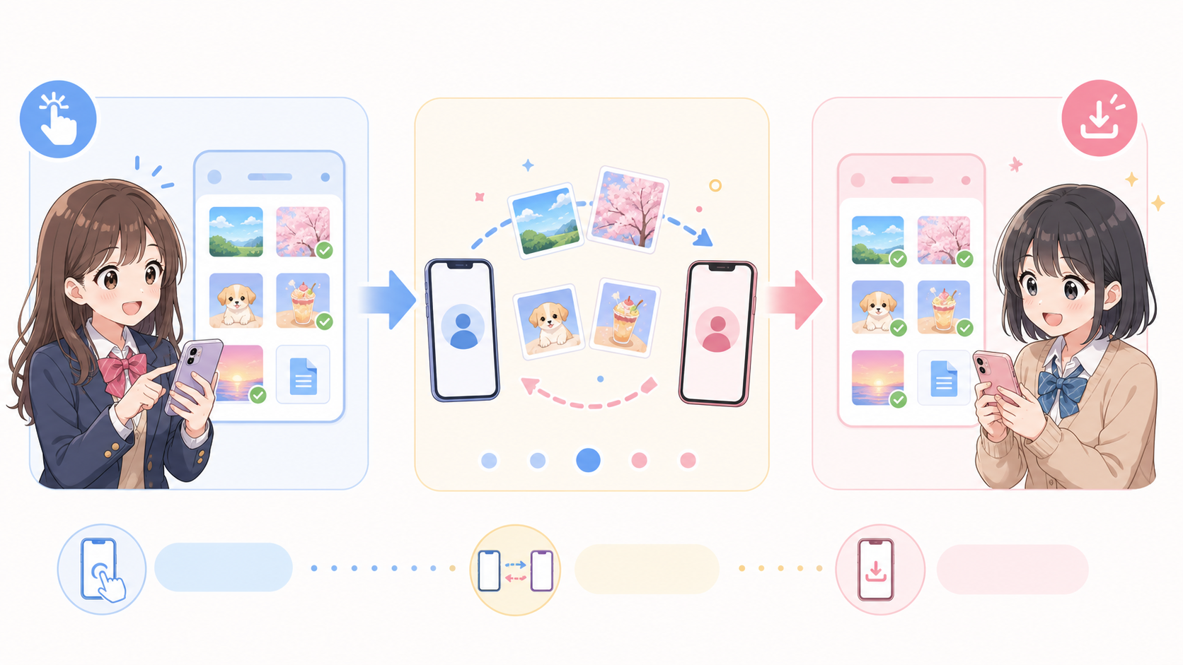 送信側でファイルを選択し、矢印で受信側の端末へ届く説明イラスト